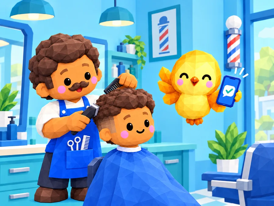 A barber gives a customer a fade with both hands busy while the flomi hummingbird hovers beside him, holding up a phone with a confirmed text