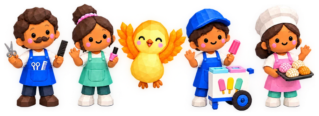 The flomi cast waving: a barber, a nail artist, the hummingbird cheering in the middle, a young paletero with his cart, and a baker