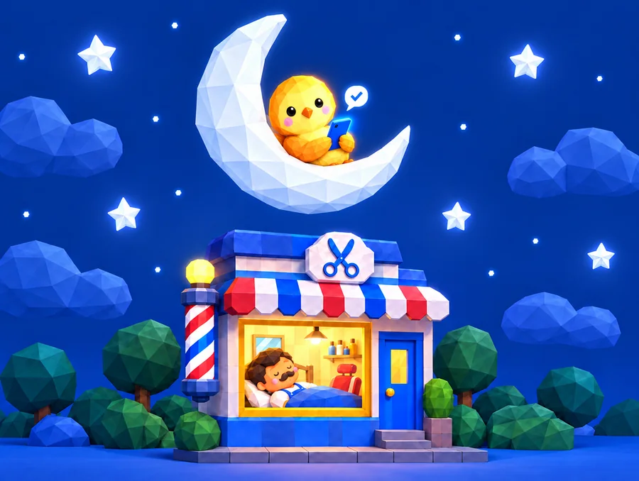 At night the flomi hummingbird sits awake on a pale moon, booking on its phone, while a barber sleeps in his shop below