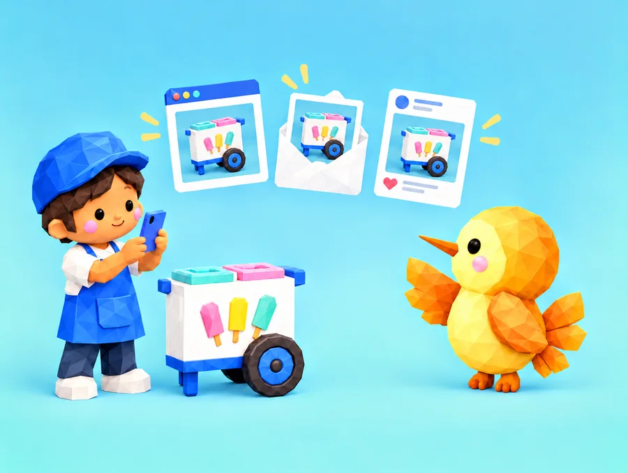 A young paletero photographs his cart while the flomi hummingbird presents the same photo as a website, an email and a post