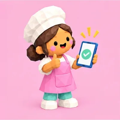 A baker giving a thumbs up at her phone