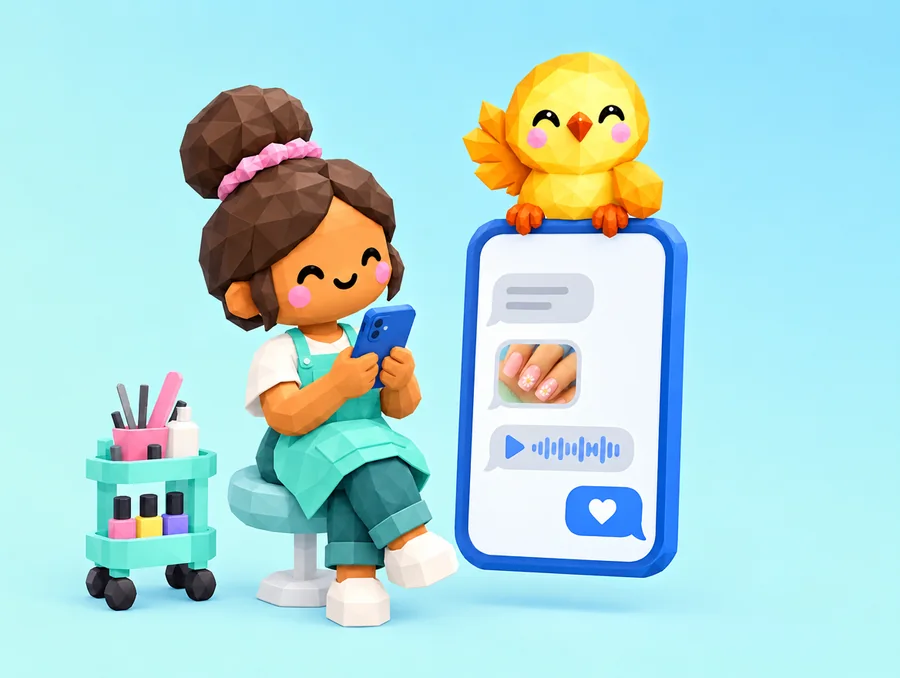 A nail artist smiles at her phone beside one simple text thread with a photo and a voice note, the flomi hummingbird perched on top