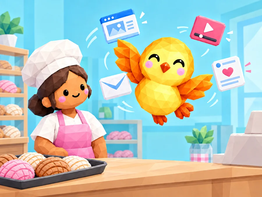 A baker relaxes at her counter while the flomi hummingbird juggles her website, a video, a newsletter and a post